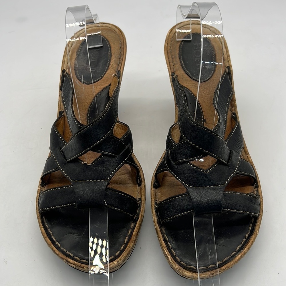 Born Black Leather Corked Wedge Sandals size 9